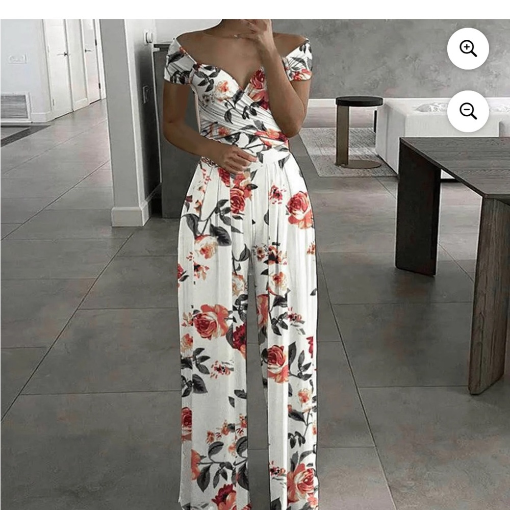 Elegant White and Red Floral Jumpsuit with Off-Shoulder Design